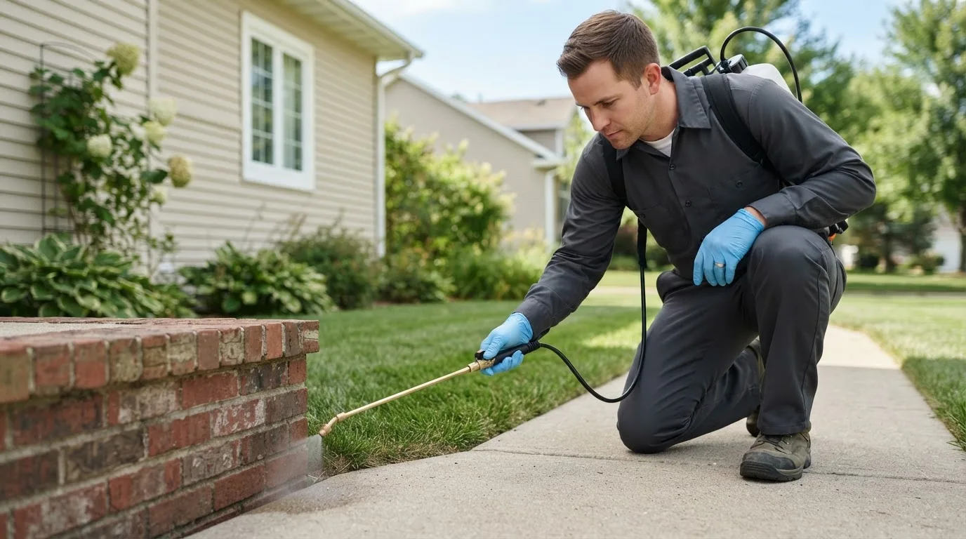 Pest control technician treating a home near Earl Park, IN