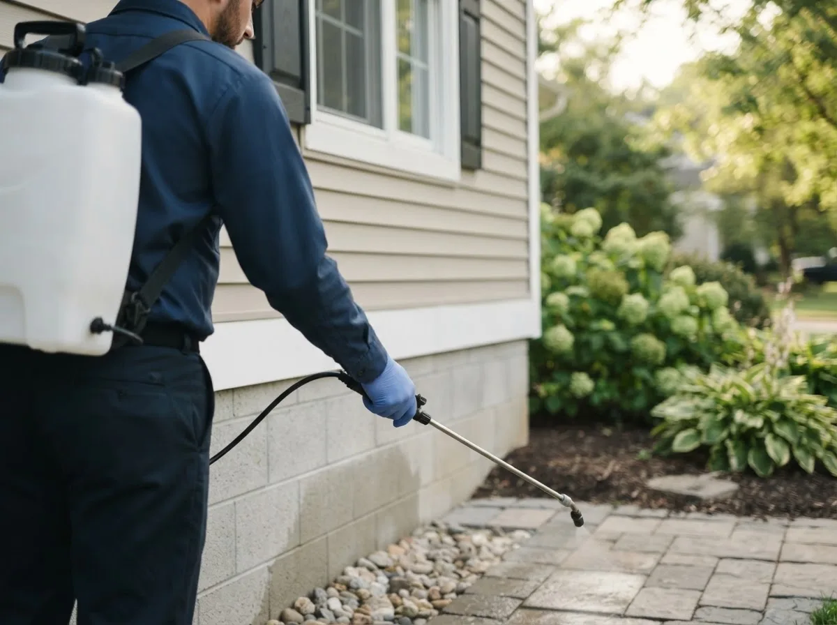 Pest control technician inspecting a home in Earl Park, IN